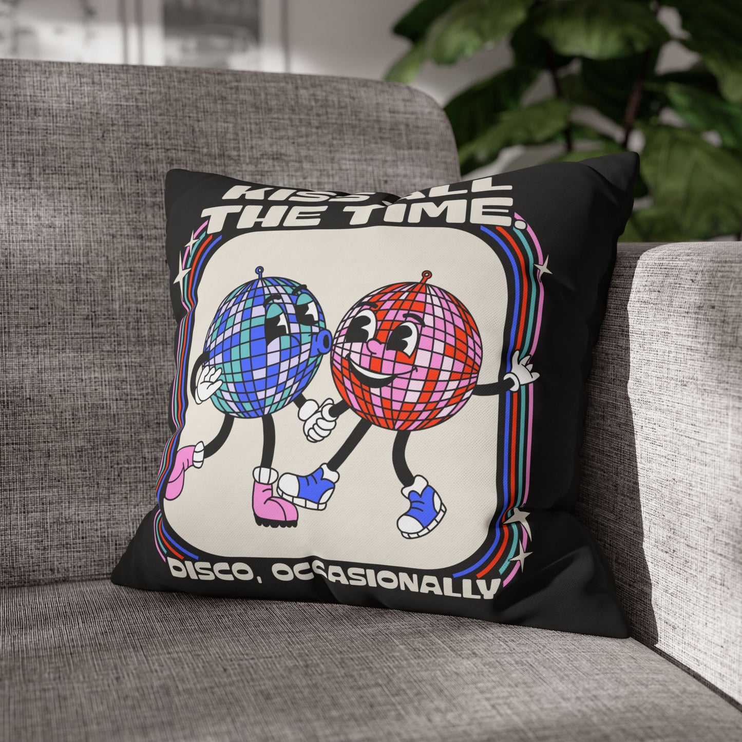 Harry Styles Inspired Vintage Disco Ball Cushion Cover – "KISS ALL THE TIME" – 16x16 Inch