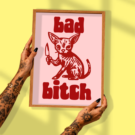 Bad Bitch Chihuahua Print | Funny Sassy Dog Wall Art | Pink Maximalist Poster | Dopamine Decor Gift