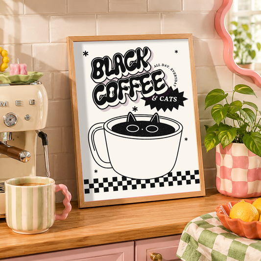 Black Coffee & Cats Print | Funny Kitchen Wall Art | Cat Lover Gift | Coffee Lover Decor | Cute Retro Kitchen Print