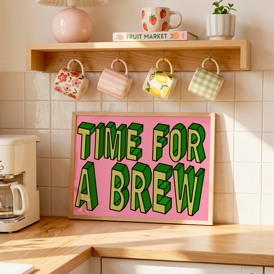 Time for a Brew Print | Funny Kitchen Wall Art | Tea Lover Gift | Colourful Coffee Station Decor | Retro Typography Print