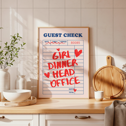 Girl Dinner Head Office Print | Funny Kitchen Wall Art | Viral Meme Decor | Colourful Dining Room Print