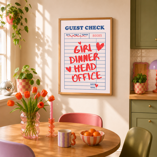 Girl Dinner Head Office Print | Funny Kitchen Wall Art | Viral Meme Decor | Colourful Dining Room Print