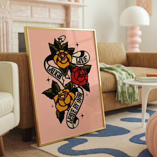 Live Laugh Leave By 9PM Print | Funny Introvert Wall Art | Pink Tattoo Style Poster