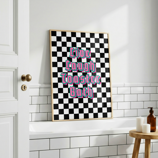 Live Laugh Toaster Bath Print | Funny Dark Humour Bathroom Wall Art | Quirky Goth Bathroom Decor | Elder Emo Gift | Sad Disco Club
