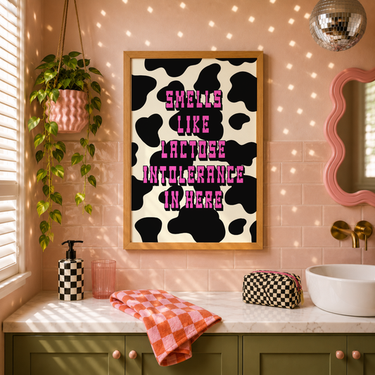 Smells Like Lactose Intolerance Print | Funny Bathroom Wall Art | Cow Print Toilet Decor | Quirky Bathroom Sign