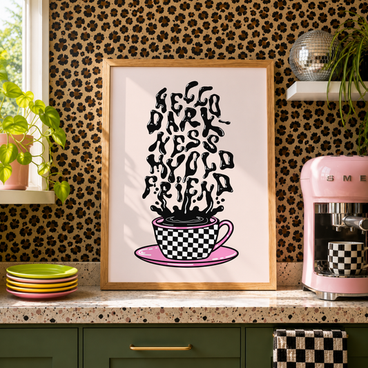 Hello Darkness, My Old Friend Coffee Print | Funny Goth Coffee Wall Art | Kitchen & Coffee Station Decor | Elder Emo Gift