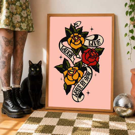 Live Laugh Leave By 9PM Print | Funny Introvert Wall Art | Pink Tattoo Style Poster