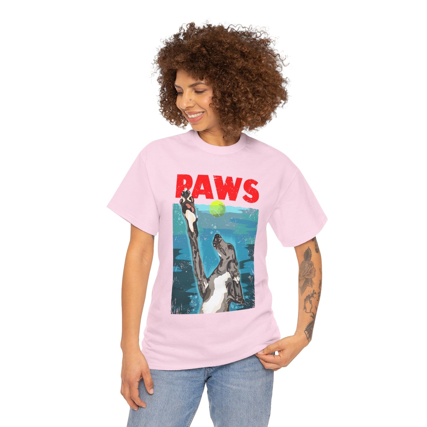 "PAWS" Quirky Whippet Dog Graphic Tee – Jaws Movie Poster-Inspired