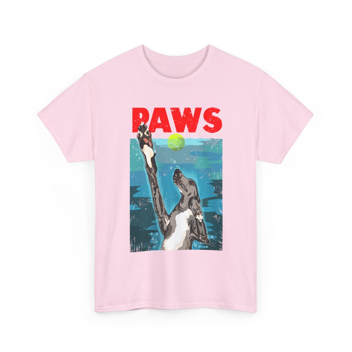 "PAWS" Quirky Whippet Dog Graphic Tee – Jaws Movie Poster-Inspired