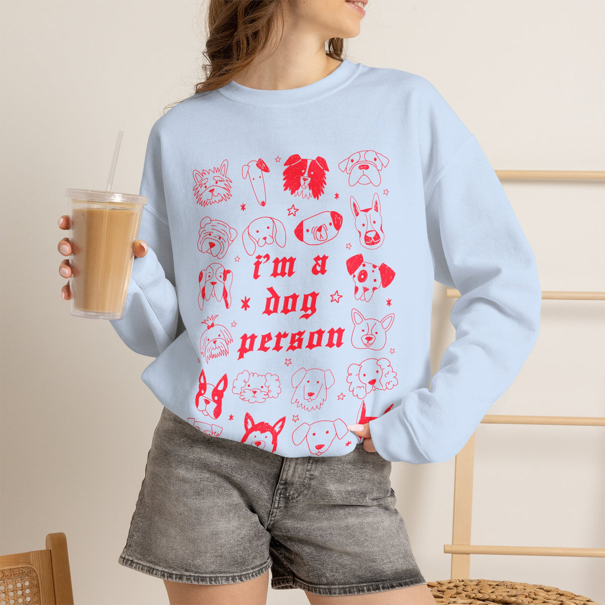 Dog Person Crewneck Sweatshirt - Cute Red Dog Faces Graphic/