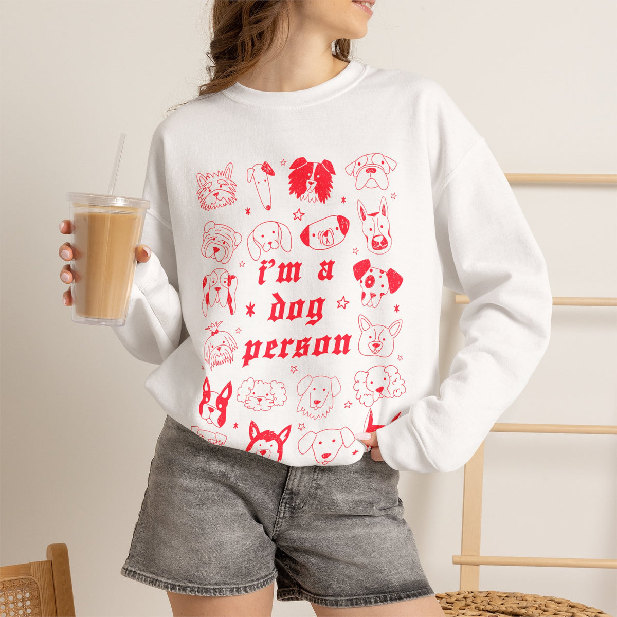 Dog Person Crewneck Sweatshirt - Cute Red Dog Faces Graphic/