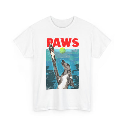 "PAWS" Quirky Whippet Dog Graphic Tee – Jaws Movie Poster-Inspired