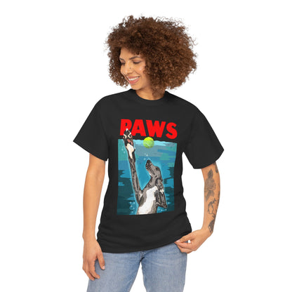 "PAWS" Quirky Whippet Dog Graphic Tee – Jaws Movie Poster-Inspired