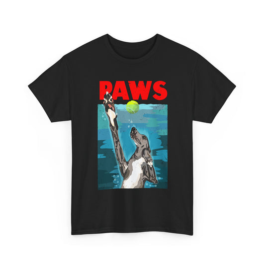 "PAWS" Quirky Whippet Dog Graphic Tee – Jaws Movie Poster-Inspired