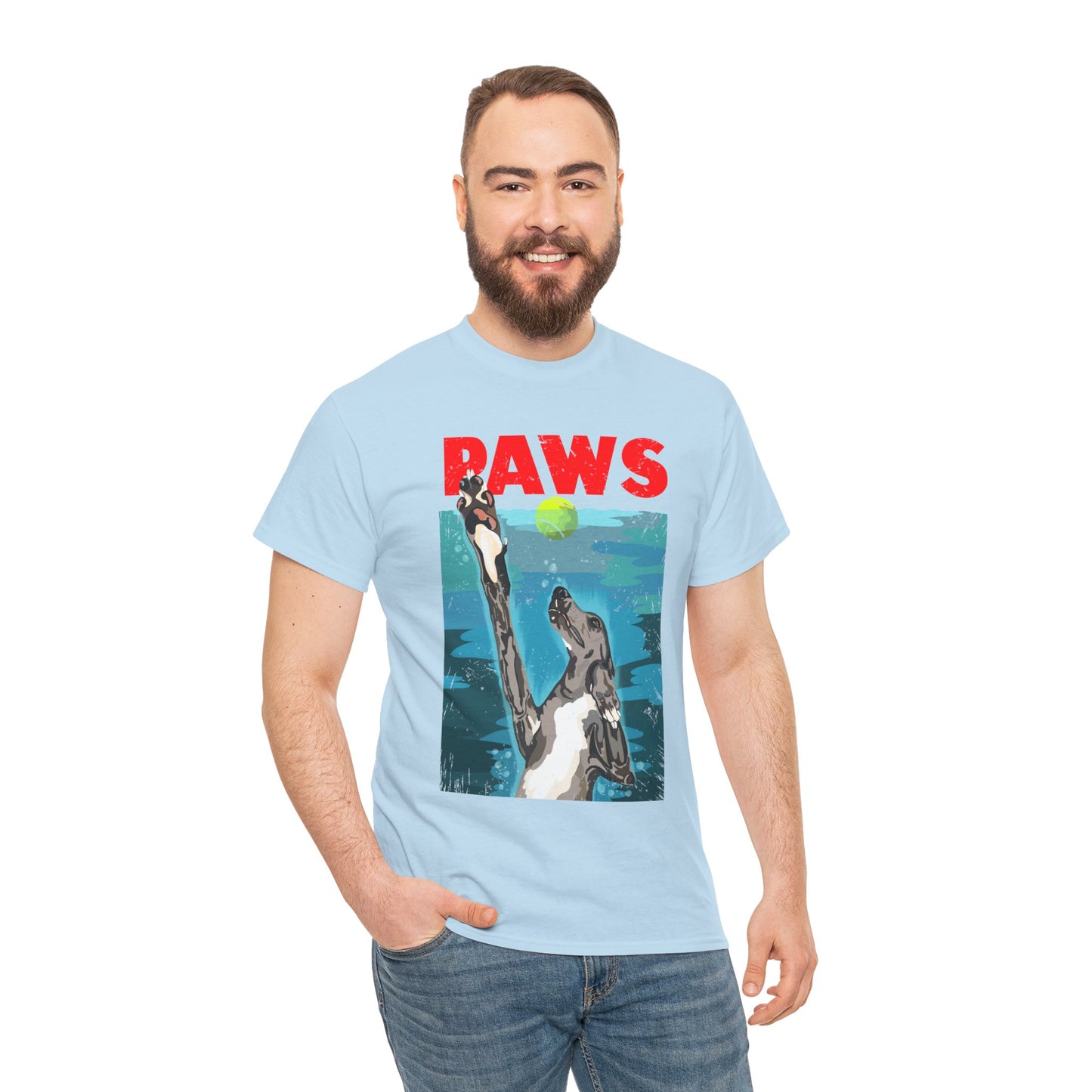 "PAWS" Quirky Whippet Dog Graphic Tee – Jaws Movie Poster-Inspired