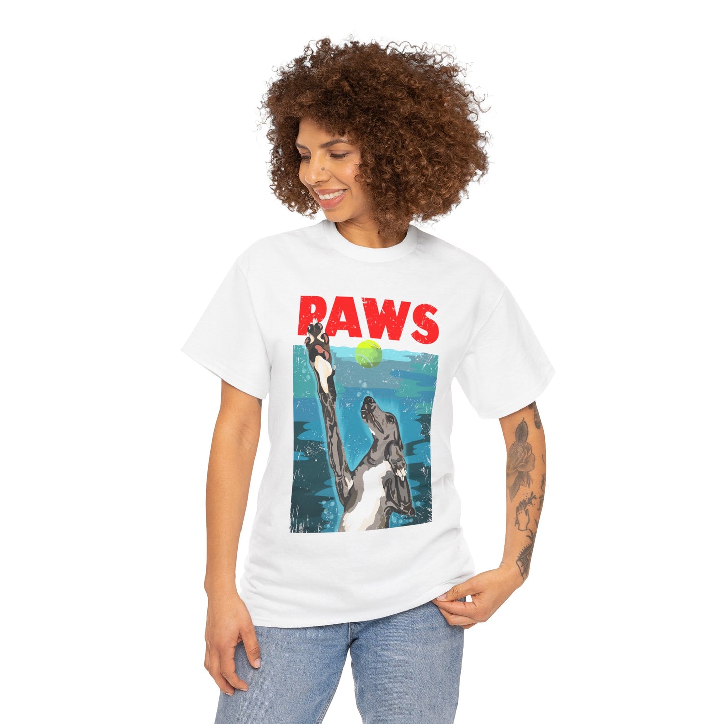 "PAWS" Quirky Whippet Dog Graphic Tee – Jaws Movie Poster-Inspired