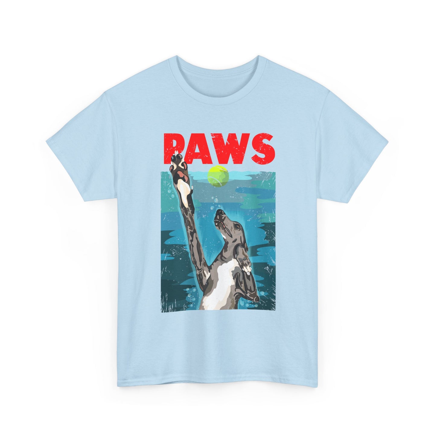 "PAWS" Quirky Whippet Dog Graphic Tee – Jaws Movie Poster-Inspired