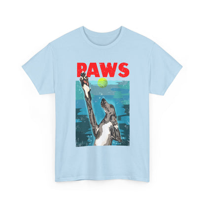 "PAWS" Quirky Whippet Dog Graphic Tee – Jaws Movie Poster-Inspired