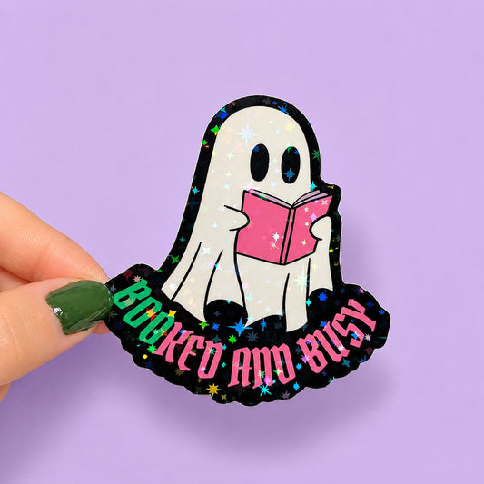Boo-ked and Busy Cute Ghost Holographic Sticker | Relatable Stickers | Alternative Vinyl Stickers | ADHD | Neurospicy | Sad Disco Club