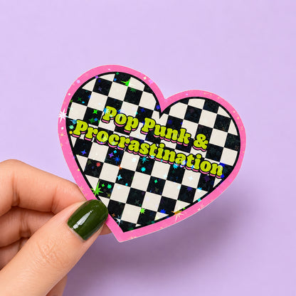 Pop Punk & Procrastination Checkerboard Heart Holographic Sticker | Relatable Stickers | Alternative Vinyl Stickers | ADHD | Neurospicy | Sad Disco Club