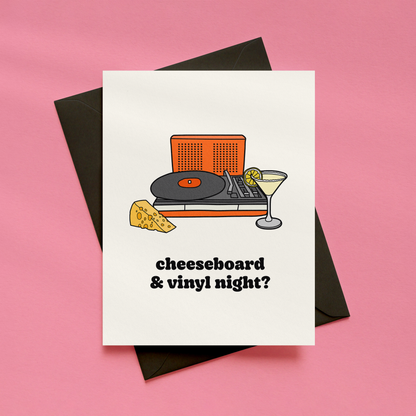 Cheeseboard & Vinyl Night? Card | Funny Date Night Card | Retro Greetings Card | Alternative Romance Card