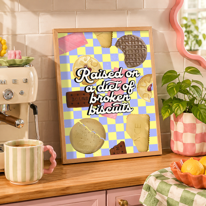 Raised on a Diet of Broken Biscuits Print | Indie Inspired Kitchen Wall Art | Funny British Kitchen Decor