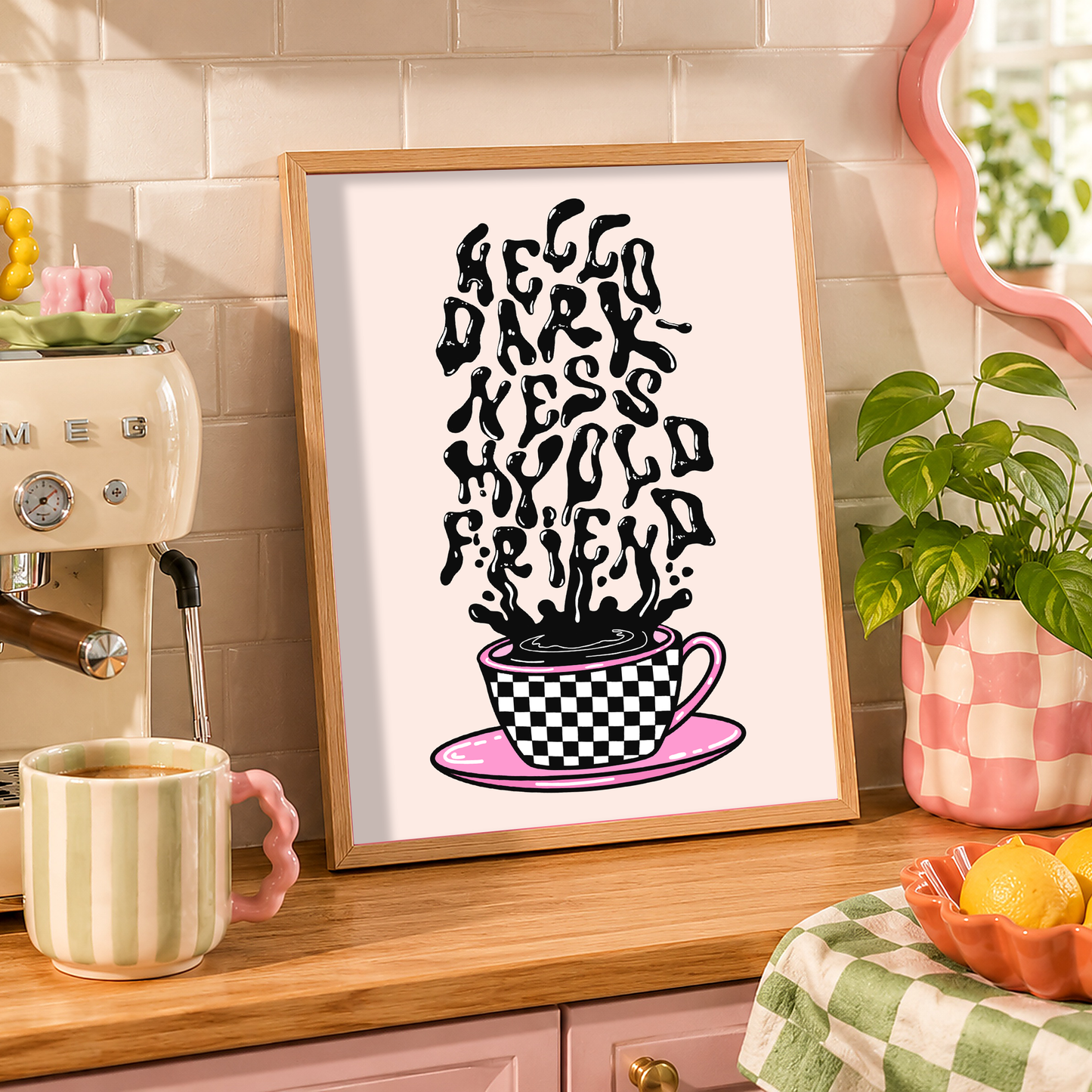 Hello Darkness, My Old Friend Coffee Print | Funny Goth Coffee Wall Art | Kitchen & Coffee Station Decor | Elder Emo Gift