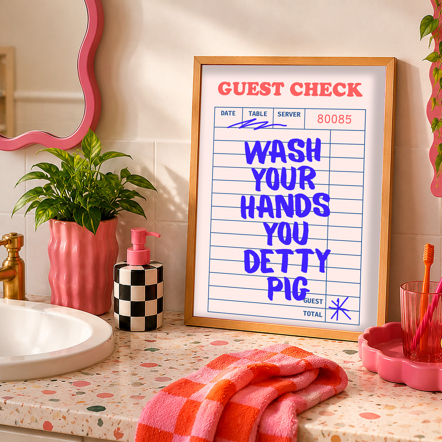 Wash Your Hands You Detty Pig Print | Funny Bathroom Wall Art | Quirky Toilet Decor | Colourful Bathroom Sign | Sad Disco Club