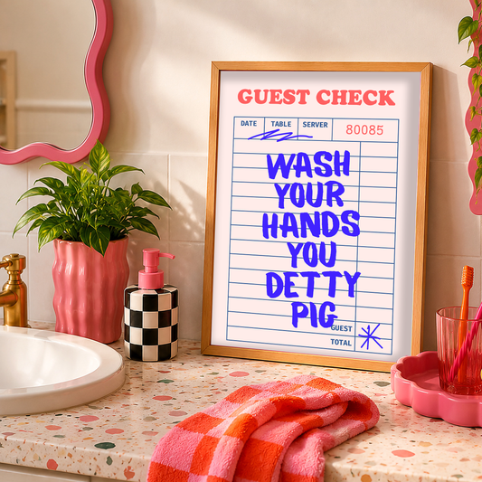 Wash Your Hands You Detty Pig Print | Funny Bathroom Wall Art | Quirky Toilet Decor | Colourful Bathroom Sign | Sad Disco Club