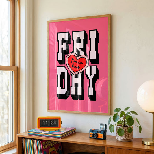 Friday I'm In Love Print | Indie Music Inspired Wall Art | Colourful Retro Typography Print | Dopamine Home Decor | Alternative Music Gift | Available in Multiple Colours