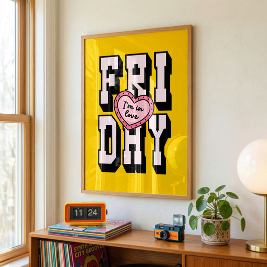 Friday I'm In Love Print | Indie Music Inspired Wall Art | Colourful Retro Typography Print | Dopamine Home Decor | Alternative Music Gift | Available in Multiple Colours