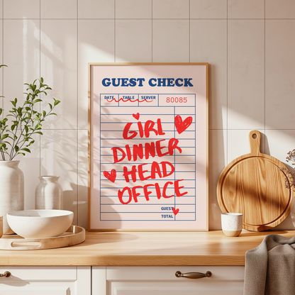 Girl Dinner Head Office Print | Funny Kitchen Wall Art | Viral Meme Decor | Colourful Dining Room Print
