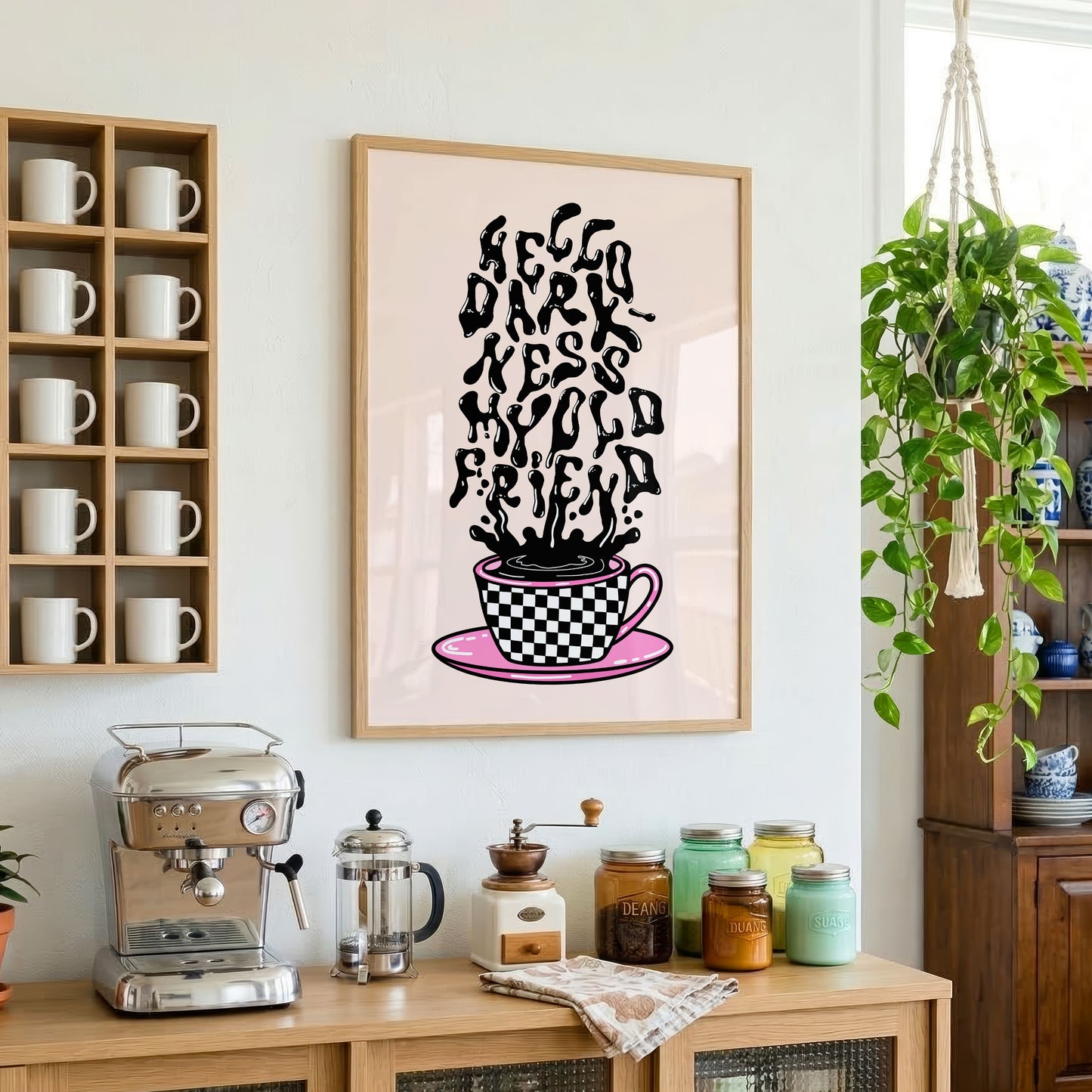 Hello Darkness, My Old Friend Coffee Print | Funny Goth Coffee Wall Art | Kitchen & Coffee Station Decor | Elder Emo Gift