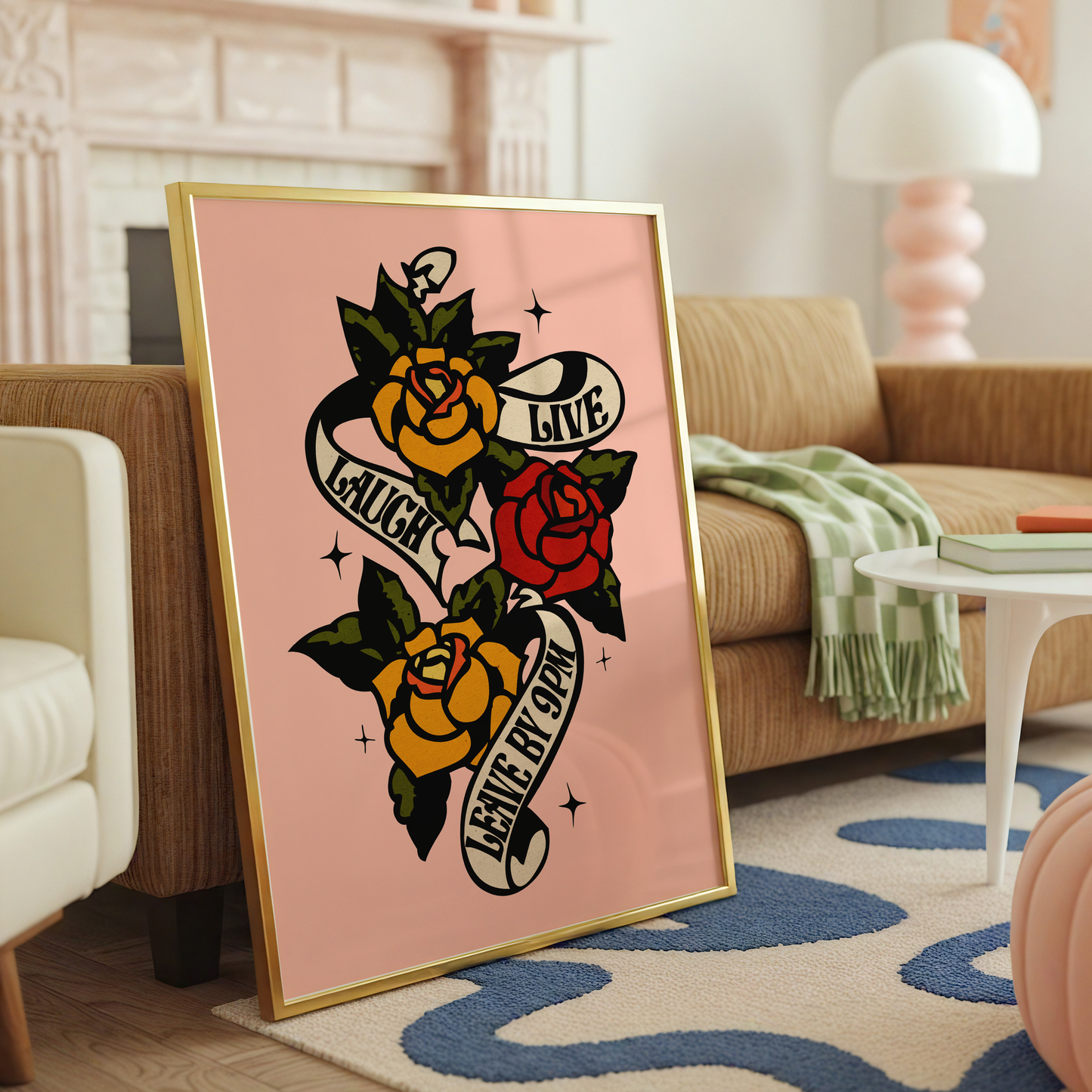 Live Laugh Leave By 9PM Print | Funny Introvert Wall Art | Pink Tattoo Style Poster