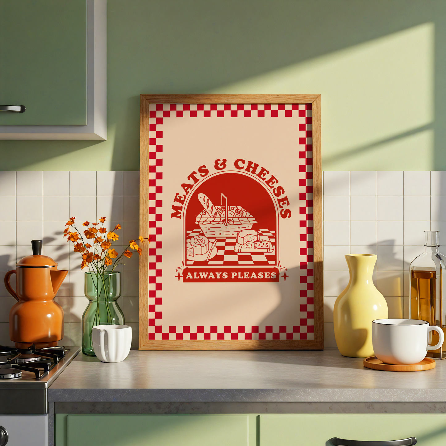 Meats & Cheeses Always Pleases Print | Funny Kitchen Wall Art | Bob Mortimer Inspired Decor | Colourful Dining Room Print