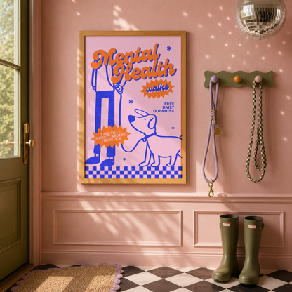 Mental Health Walks Print | Funny Anxiety Wall Art | Dog Walking Dopamine Decor | Mental Health Poster