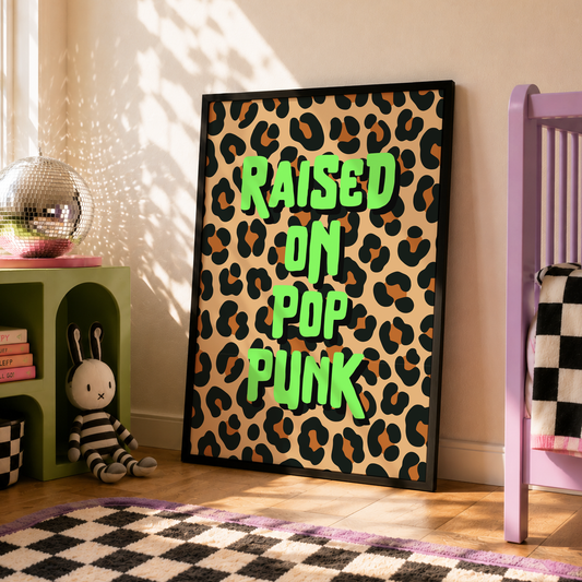 Raised On Pop Punk Nursery Print | Alternative Nursery Wall Art | Leopard Print Baby Room Decor | Elder Emo Parents Gift