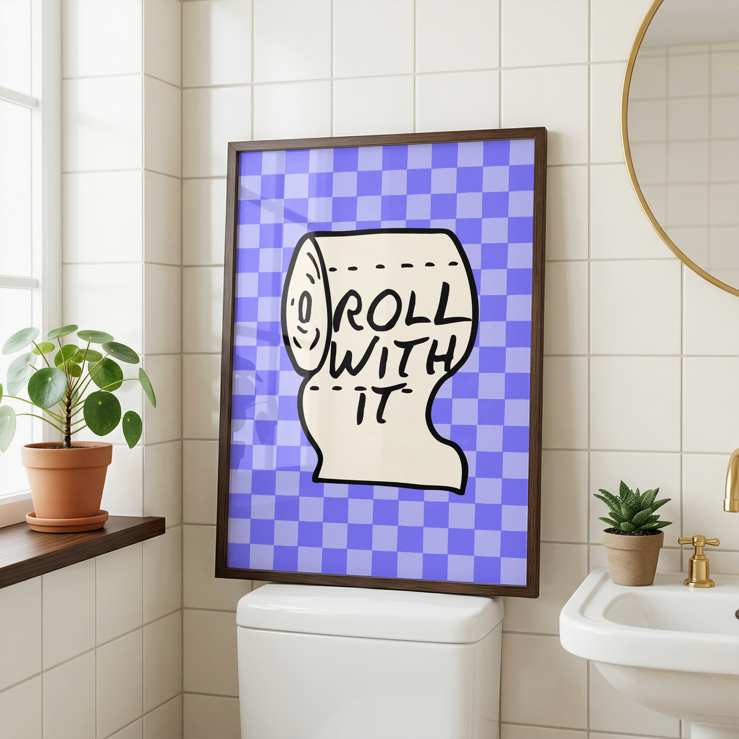 Roll With It Toilet Roll Print | Funny Oasis Inspired Bathroom Wall Art | Quirky Loo Decor