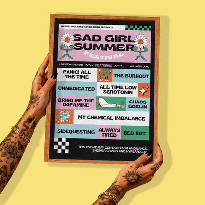 Sad Girl Summer Festival Print | ADHD & Neurodivergent Wall Art | Elder Emo| Dopamine Decor