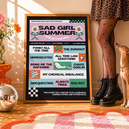Sad Girl Summer Festival Print | ADHD & Neurodivergent Wall Art | Elder Emo| Dopamine Decor