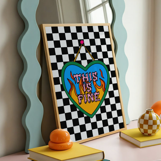 This Is Fine Print | Funny Mental Health Wall Art | ADHD & Anxiety Decor | Elder Emo Checkerboard Poster