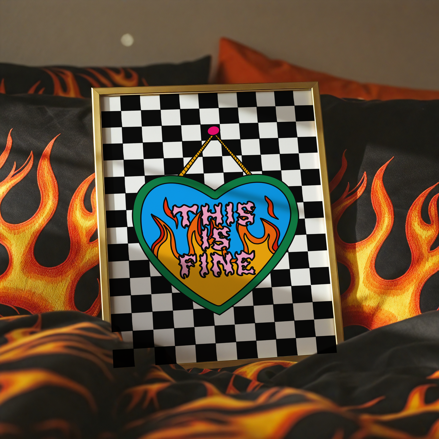 This Is Fine Print | Funny Mental Health Wall Art | ADHD & Anxiety Decor | Elder Emo Checkerboard Poster