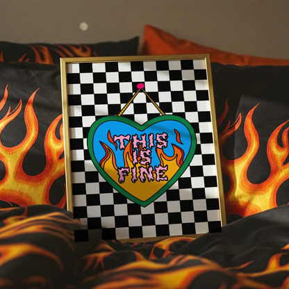 This Is Fine Print | Funny Mental Health Wall Art | ADHD & Anxiety Decor | Elder Emo Checkerboard Poster