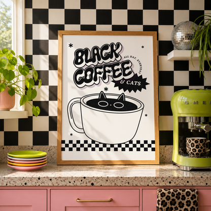 Black Coffee & Cats Print | Funny Kitchen Wall Art | Cat Lover Gift | Coffee Lover Decor | Cute Retro Kitchen Print