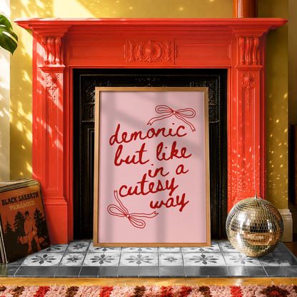 Demonic But Like In A Cutesy Way Print | Funny Pink Wall Art | Chaotic Cute Typography Poster