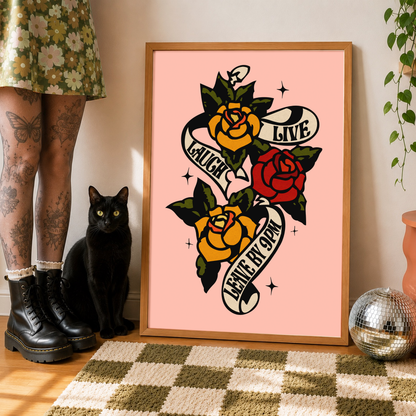 Live Laugh Leave By 9PM Print | Funny Introvert Wall Art | Pink Tattoo Style Poster