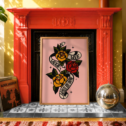Live Laugh Leave By 9PM Print | Funny Introvert Wall Art | Pink Tattoo Style Poster