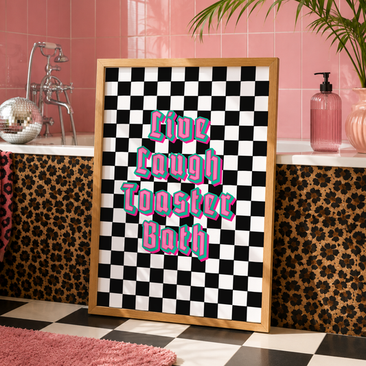 Live Laugh Toaster Bath Print | Funny Dark Humour Bathroom Wall Art | Quirky Goth Bathroom Decor | Elder Emo Gift | Sad Disco Club
