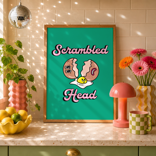 Scrambled Head Print | Funny Kitchen Wall Art | Egg Pun Print | Colourful ADHD Foodie Decor