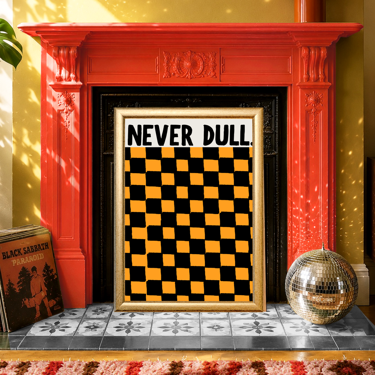 Never Dull Orange and Black Checkerboard Hull Print